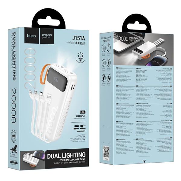 Hoco J151 Powerbank - 20.000mAh - Wit - met geïntegreerde kabels en zaklamp - Image 4